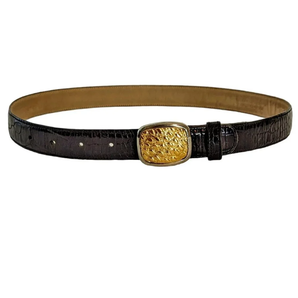 Vintage Carolee Leather Belt Gold‎ Silver Tone Buckle Croc Metal Jeweled